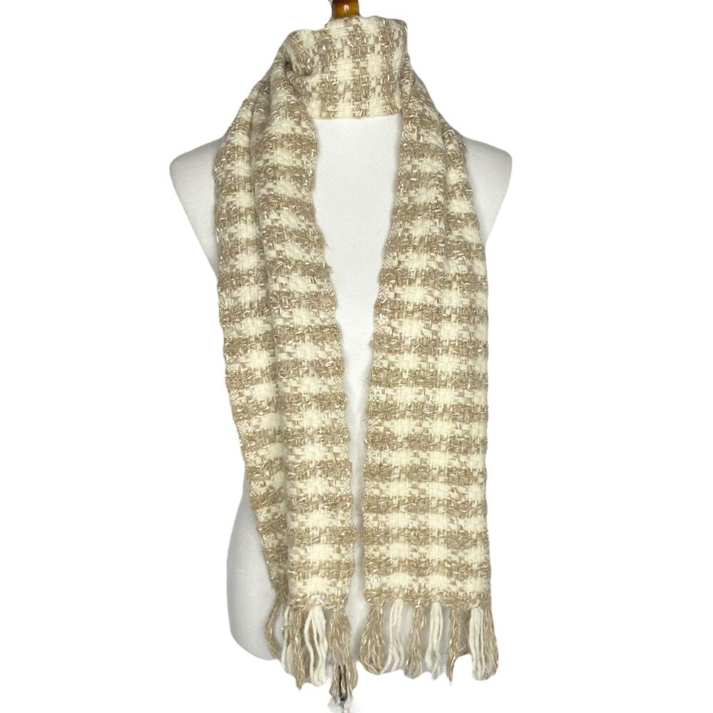 Banana Republic Y2K Tweed Plaid Scarf Beige Cream Lambswool Mohair Fringed Boho